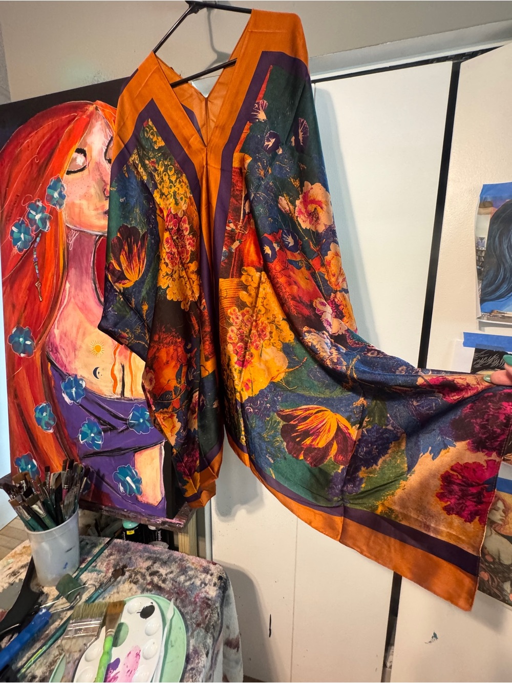 Boutique Silky Scarf Kaftan Tunic Dress Vibrant Floral Jewel Tone OSFM Boho - Picture 7 of 11